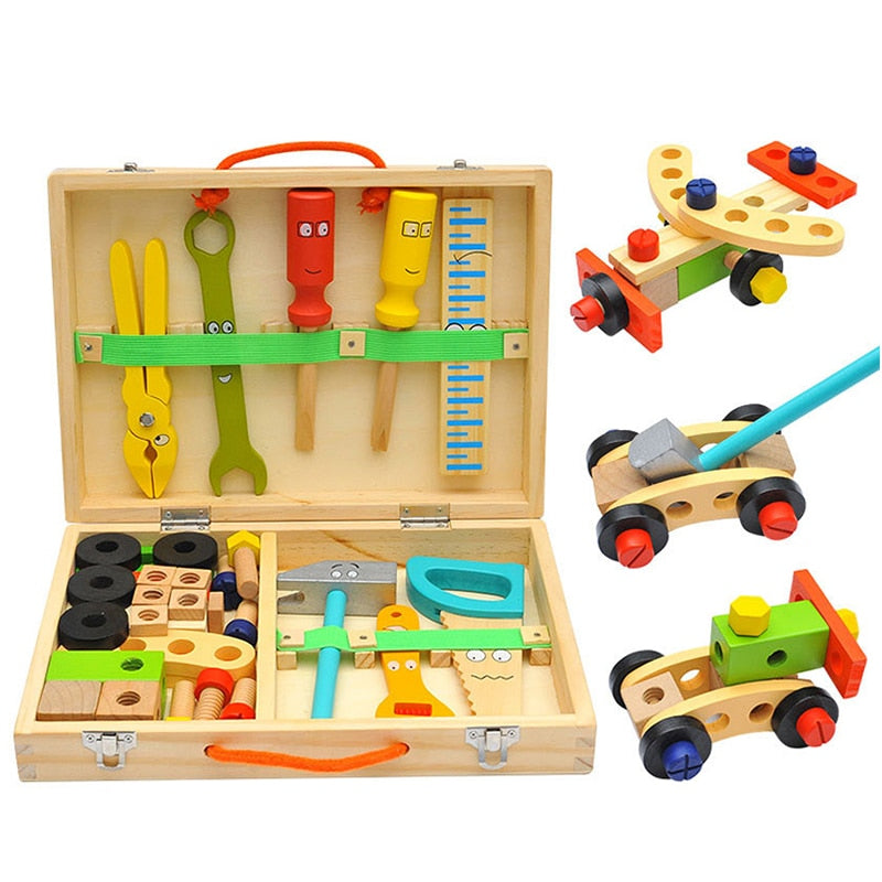 Kids Wooden Toolbox Pretend Play Set Educational Montessori Toys Nut Disassembly Screw Assembly Simulation Repair Carpenter Tool
